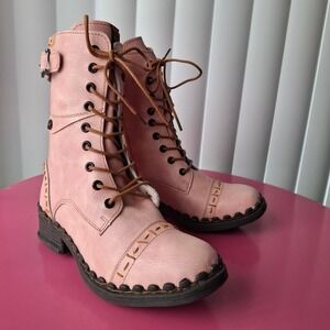TMA Eyes US Womens 8 Size 39 Peach Pink Leather Combat Boots Lace Up Side Zip